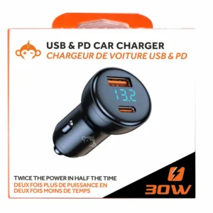 Black 30W USB PD car charger with display